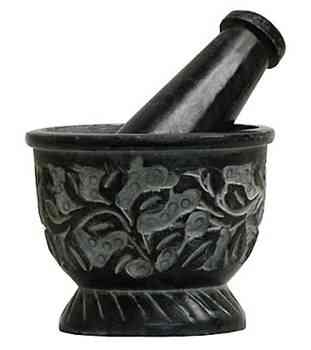 Carved Floral Black Soapstone Mortar & Pestle